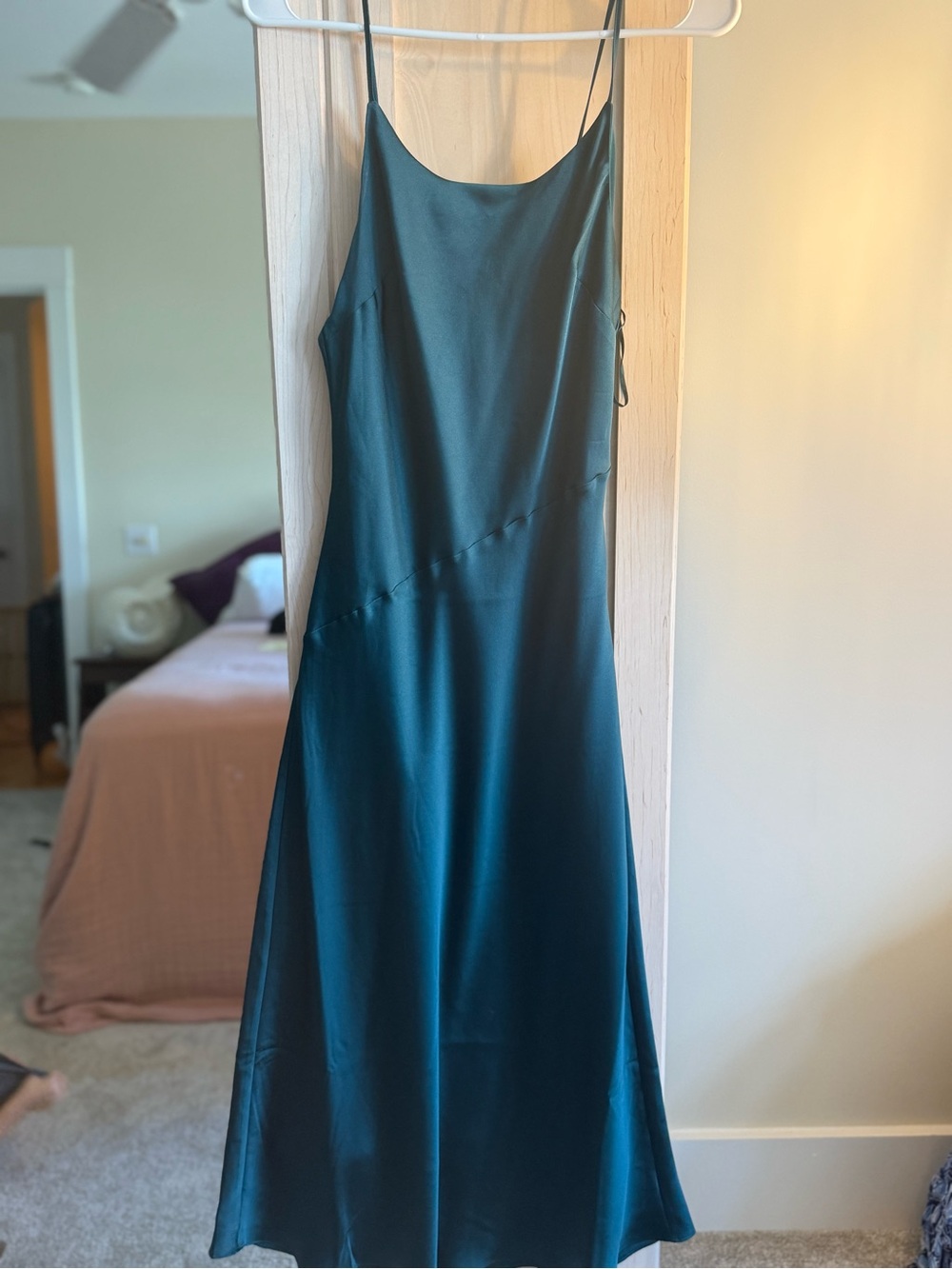 Express Teal Satin Slip Dress with Spaghetti Straps